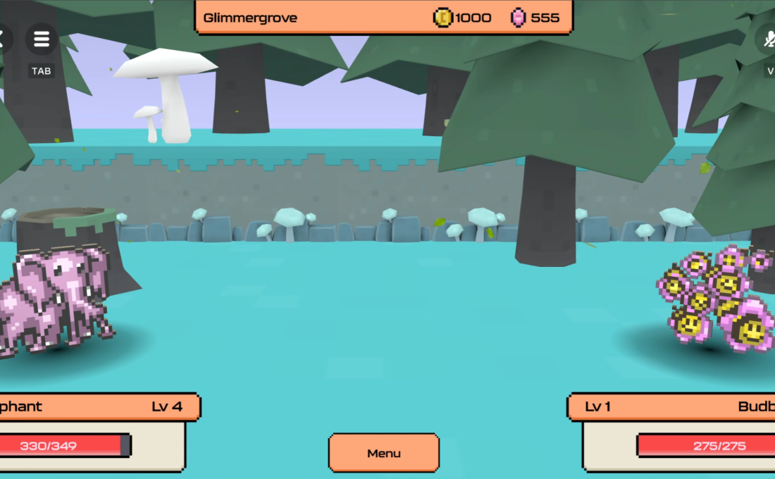 Swipe Beasts battle screen with Gumphant facing Budbeez in the Glimmergrove biome