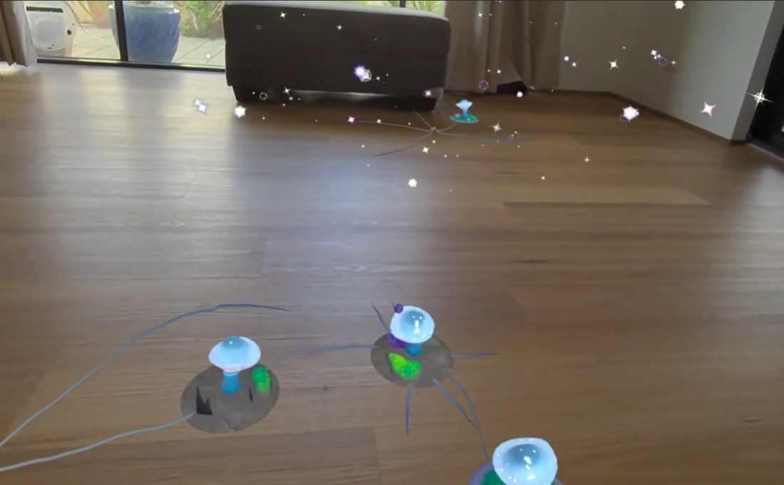 Mycelium mixed reality end scene with mushrooms and spores in a physical room